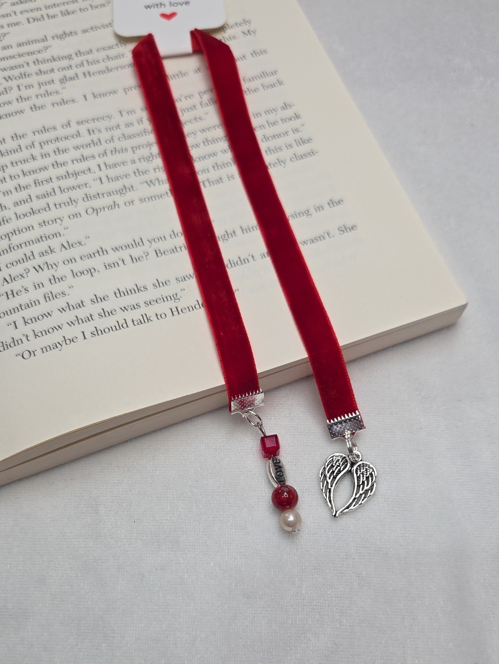 Handmade Red Velvet Ribbon Silver Beaded Bookmark Angel Wings Charm Handcrafted